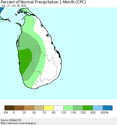 Sri Lanka Percent of Normal Precipitation 1-Month (CPC) Thematic Map For 12/21/2022 - 1/20/2023