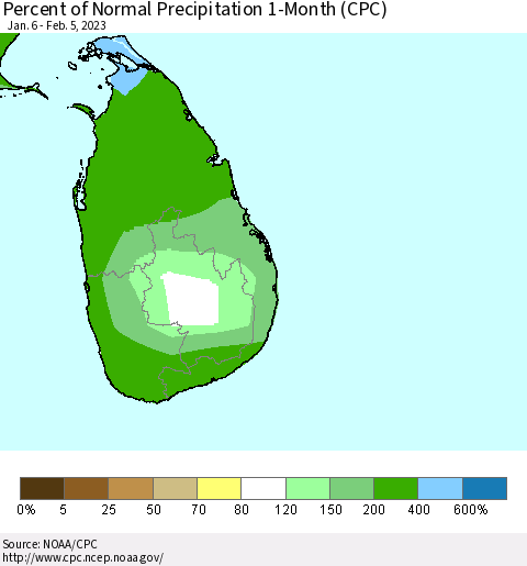 Sri Lanka Percent of Normal Precipitation 1-Month (CPC) Thematic Map For 1/6/2023 - 2/5/2023