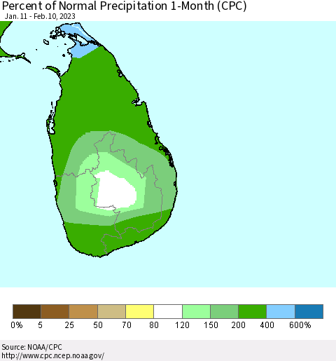 Sri Lanka Percent of Normal Precipitation 1-Month (CPC) Thematic Map For 1/11/2023 - 2/10/2023