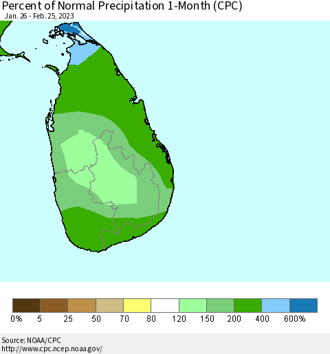 Sri Lanka Percent of Normal Precipitation 1-Month (CPC) Thematic Map For 1/26/2023 - 2/25/2023
