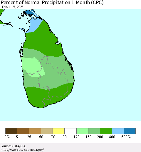 Sri Lanka Percent of Normal Precipitation 1-Month (CPC) Thematic Map For 2/1/2023 - 2/28/2023