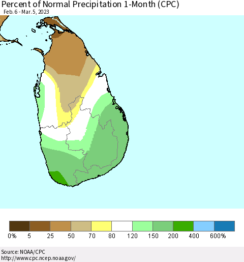 Sri Lanka Percent of Normal Precipitation 1-Month (CPC) Thematic Map For 2/6/2023 - 3/5/2023