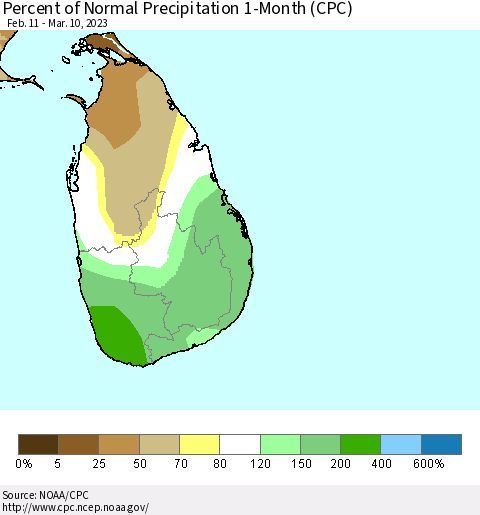 Sri Lanka Percent of Normal Precipitation 1-Month (CPC) Thematic Map For 2/11/2023 - 3/10/2023