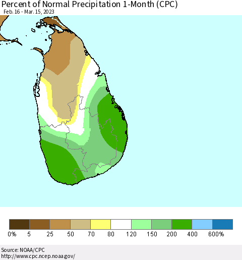 Sri Lanka Percent of Normal Precipitation 1-Month (CPC) Thematic Map For 2/16/2023 - 3/15/2023