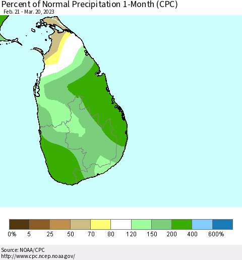 Sri Lanka Percent of Normal Precipitation 1-Month (CPC) Thematic Map For 2/21/2023 - 3/20/2023