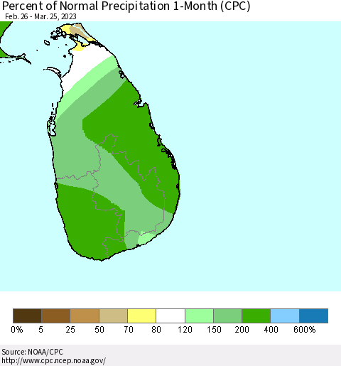 Sri Lanka Percent of Normal Precipitation 1-Month (CPC) Thematic Map For 2/26/2023 - 3/25/2023