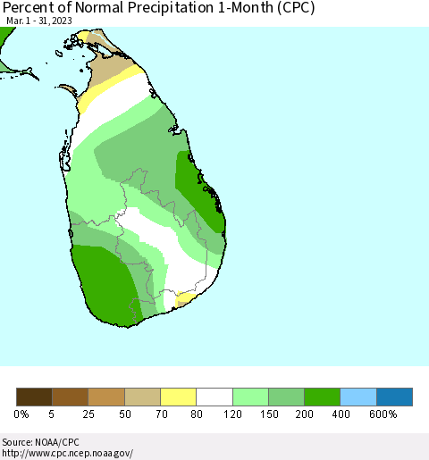 Sri Lanka Percent of Normal Precipitation 1-Month (CPC) Thematic Map For 3/1/2023 - 3/31/2023
