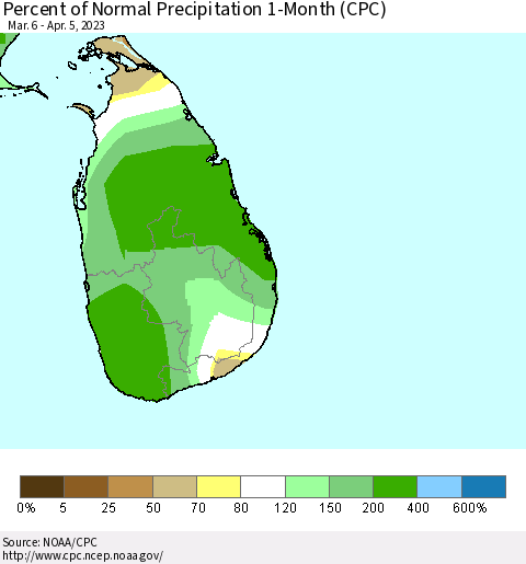 Sri Lanka Percent of Normal Precipitation 1-Month (CPC) Thematic Map For 3/6/2023 - 4/5/2023