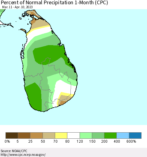 Sri Lanka Percent of Normal Precipitation 1-Month (CPC) Thematic Map For 3/11/2023 - 4/10/2023