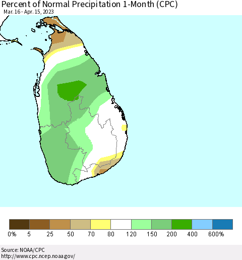 Sri Lanka Percent of Normal Precipitation 1-Month (CPC) Thematic Map For 3/16/2023 - 4/15/2023