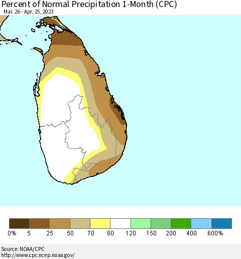 Sri Lanka Percent of Normal Precipitation 1-Month (CPC) Thematic Map For 3/26/2023 - 4/25/2023