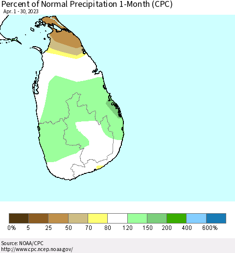 Sri Lanka Percent of Normal Precipitation 1-Month (CPC) Thematic Map For 4/1/2023 - 4/30/2023