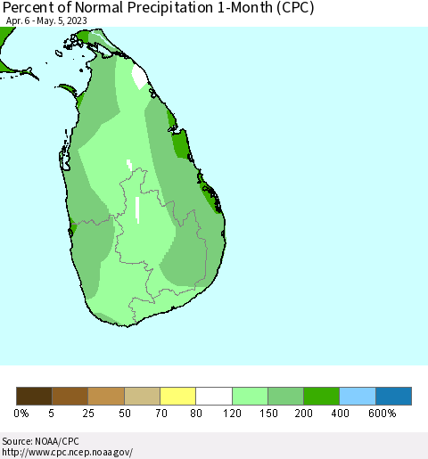 Sri Lanka Percent of Normal Precipitation 1-Month (CPC) Thematic Map For 4/6/2023 - 5/5/2023