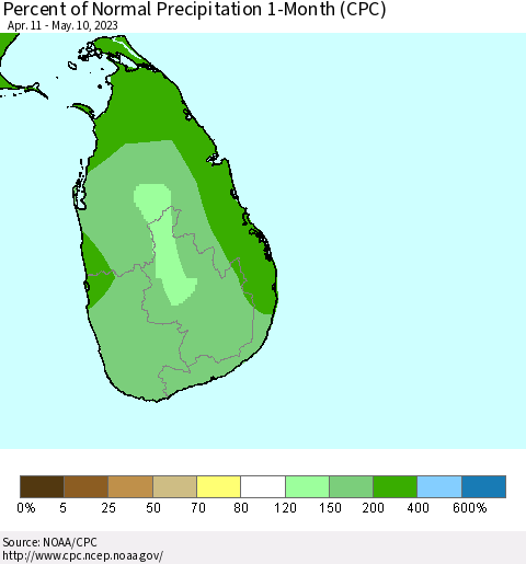 Sri Lanka Percent of Normal Precipitation 1-Month (CPC) Thematic Map For 4/11/2023 - 5/10/2023