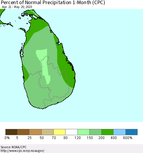 Sri Lanka Percent of Normal Precipitation 1-Month (CPC) Thematic Map For 4/21/2023 - 5/20/2023