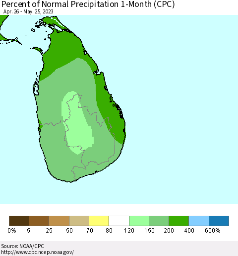 Sri Lanka Percent of Normal Precipitation 1-Month (CPC) Thematic Map For 4/26/2023 - 5/25/2023