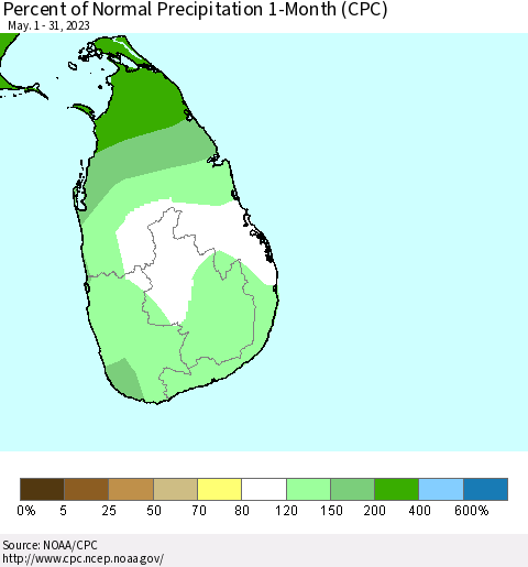 Sri Lanka Percent of Normal Precipitation 1-Month (CPC) Thematic Map For 5/1/2023 - 5/31/2023