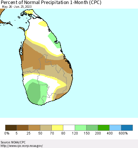 Sri Lanka Percent of Normal Precipitation 1-Month (CPC) Thematic Map For 5/26/2023 - 6/25/2023