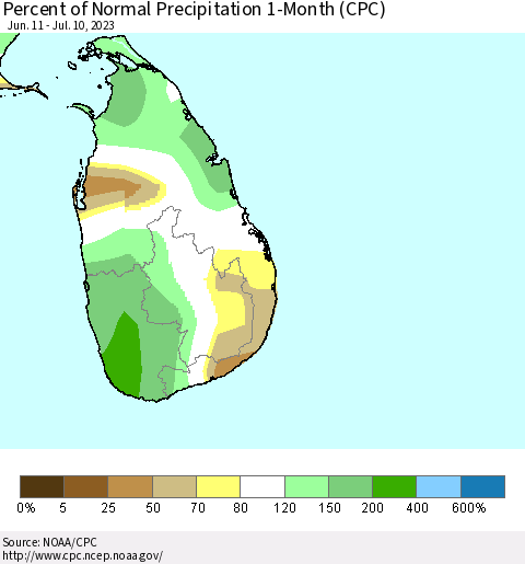 Sri Lanka Percent of Normal Precipitation 1-Month (CPC) Thematic Map For 6/11/2023 - 7/10/2023