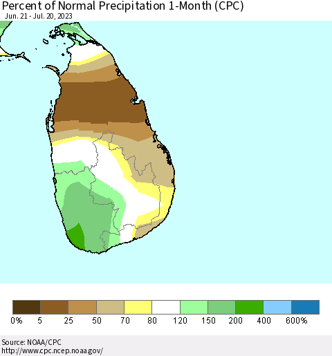 Sri Lanka Percent of Normal Precipitation 1-Month (CPC) Thematic Map For 6/21/2023 - 7/20/2023