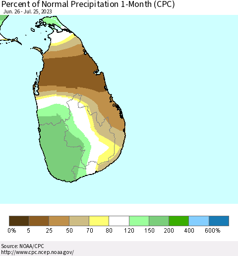 Sri Lanka Percent of Normal Precipitation 1-Month (CPC) Thematic Map For 6/26/2023 - 7/25/2023