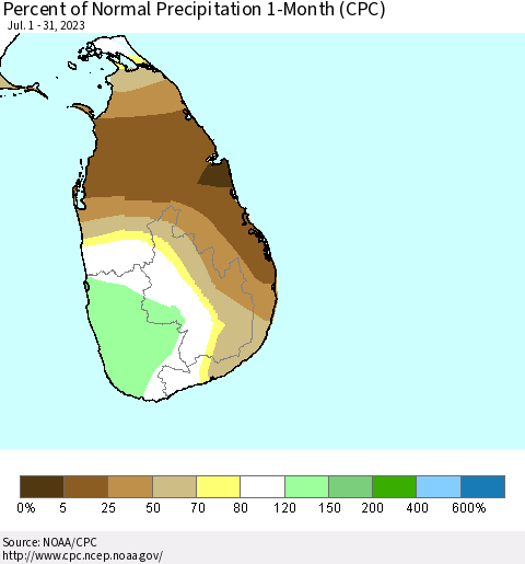 Sri Lanka Percent of Normal Precipitation 1-Month (CPC) Thematic Map For 7/1/2023 - 7/31/2023