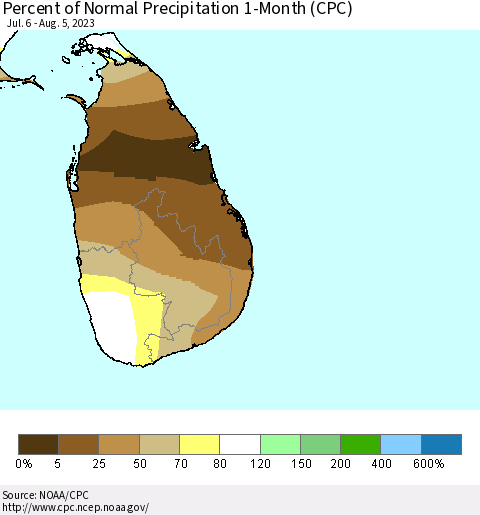 Sri Lanka Percent of Normal Precipitation 1-Month (CPC) Thematic Map For 7/6/2023 - 8/5/2023