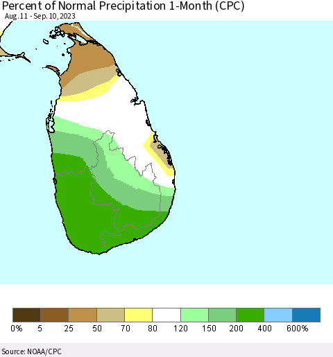 Sri Lanka Percent of Normal Precipitation 1-Month (CPC) Thematic Map For 8/11/2023 - 9/10/2023