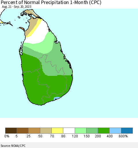 Sri Lanka Percent of Normal Precipitation 1-Month (CPC) Thematic Map For 8/21/2023 - 9/20/2023