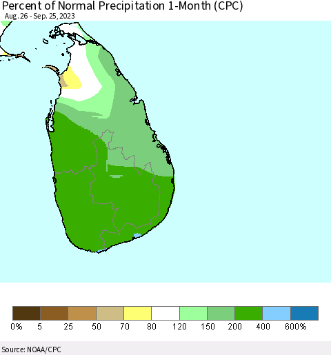Sri Lanka Percent of Normal Precipitation 1-Month (CPC) Thematic Map For 8/26/2023 - 9/25/2023
