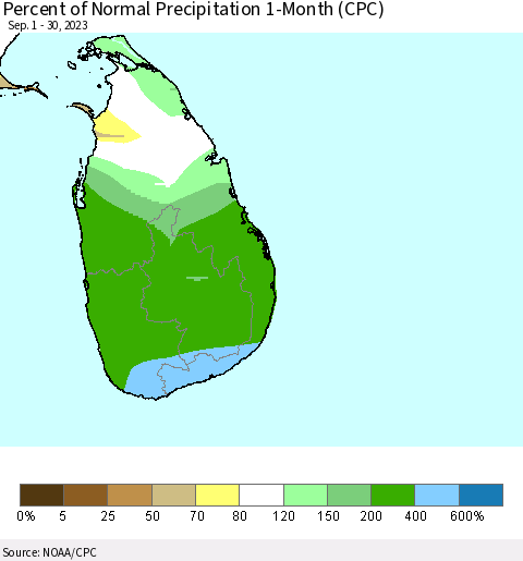 Sri Lanka Percent of Normal Precipitation 1-Month (CPC) Thematic Map For 9/1/2023 - 9/30/2023