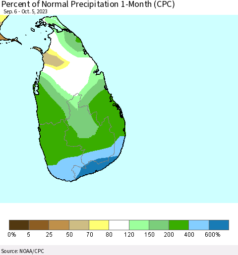 Sri Lanka Percent of Normal Precipitation 1-Month (CPC) Thematic Map For 9/6/2023 - 10/5/2023