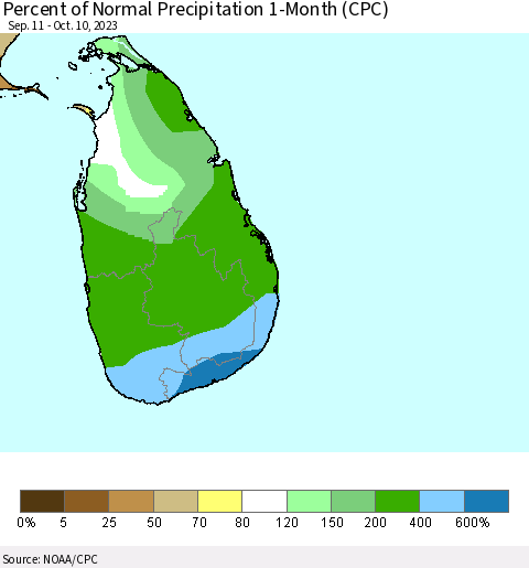 Sri Lanka Percent of Normal Precipitation 1-Month (CPC) Thematic Map For 9/11/2023 - 10/10/2023