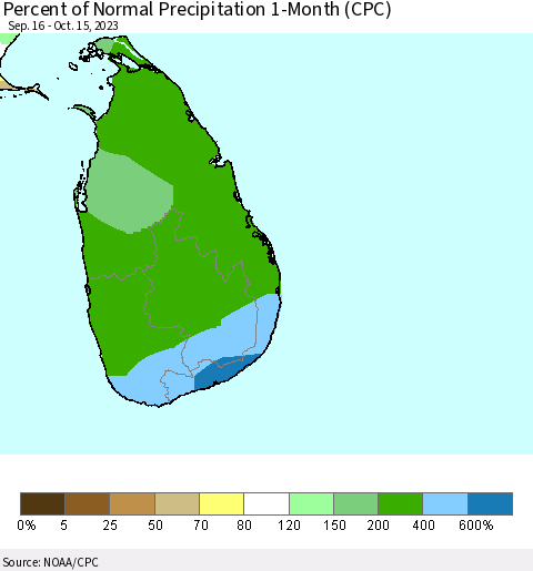 Sri Lanka Percent of Normal Precipitation 1-Month (CPC) Thematic Map For 9/16/2023 - 10/15/2023