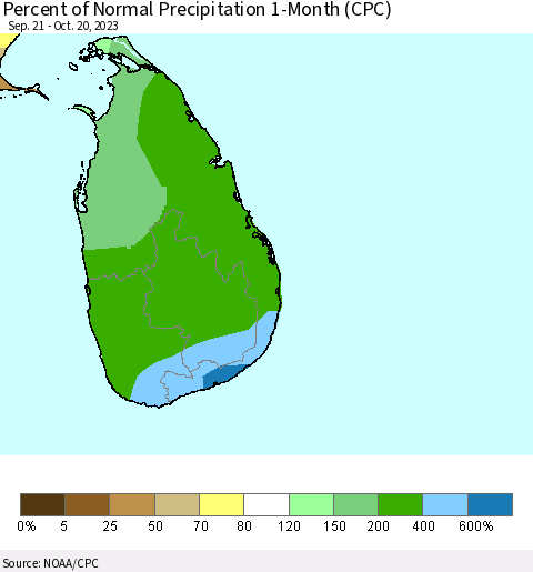 Sri Lanka Percent of Normal Precipitation 1-Month (CPC) Thematic Map For 9/21/2023 - 10/20/2023
