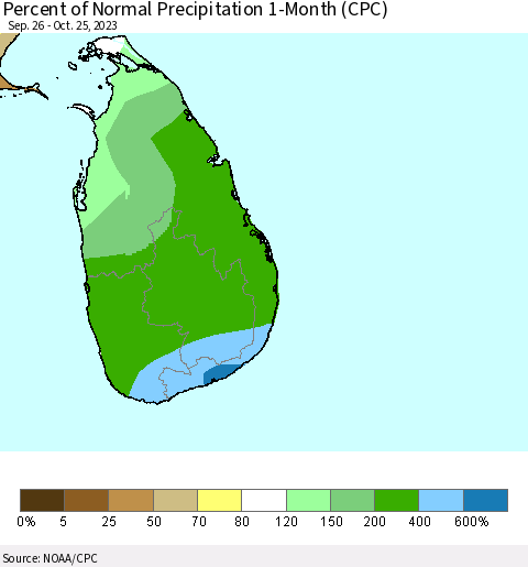 Sri Lanka Percent of Normal Precipitation 1-Month (CPC) Thematic Map For 9/26/2023 - 10/25/2023