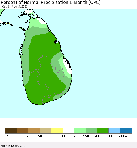 Sri Lanka Percent of Normal Precipitation 1-Month (CPC) Thematic Map For 10/6/2023 - 11/5/2023