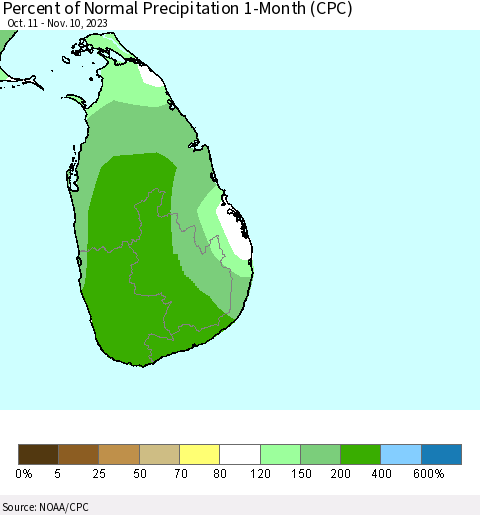 Sri Lanka Percent of Normal Precipitation 1-Month (CPC) Thematic Map For 10/11/2023 - 11/10/2023