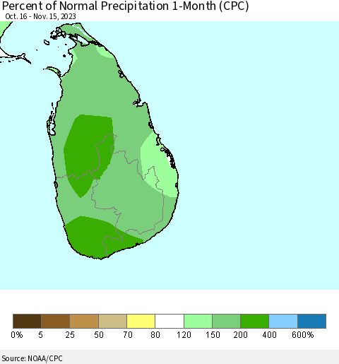 Sri Lanka Percent of Normal Precipitation 1-Month (CPC) Thematic Map For 10/16/2023 - 11/15/2023