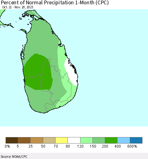 Sri Lanka Percent of Normal Precipitation 1-Month (CPC) Thematic Map For 10/21/2023 - 11/20/2023