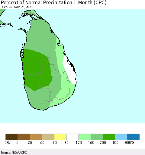 Sri Lanka Percent of Normal Precipitation 1-Month (CPC) Thematic Map For 10/26/2023 - 11/25/2023