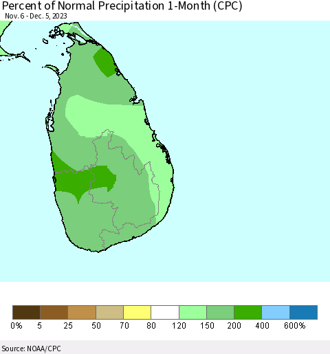 Sri Lanka Percent of Normal Precipitation 1-Month (CPC) Thematic Map For 11/6/2023 - 12/5/2023