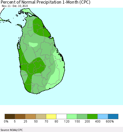 Sri Lanka Percent of Normal Precipitation 1-Month (CPC) Thematic Map For 11/11/2023 - 12/10/2023