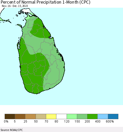 Sri Lanka Percent of Normal Precipitation 1-Month (CPC) Thematic Map For 11/16/2023 - 12/15/2023