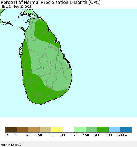 Sri Lanka Percent of Normal Precipitation 1-Month (CPC) Thematic Map For 11/21/2023 - 12/20/2023