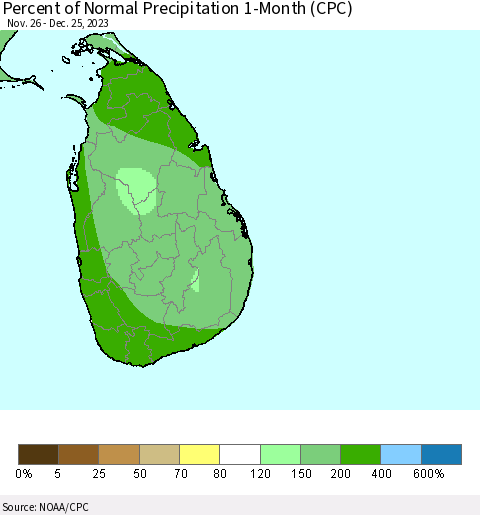 Sri Lanka Percent of Normal Precipitation 1-Month (CPC) Thematic Map For 11/26/2023 - 12/25/2023