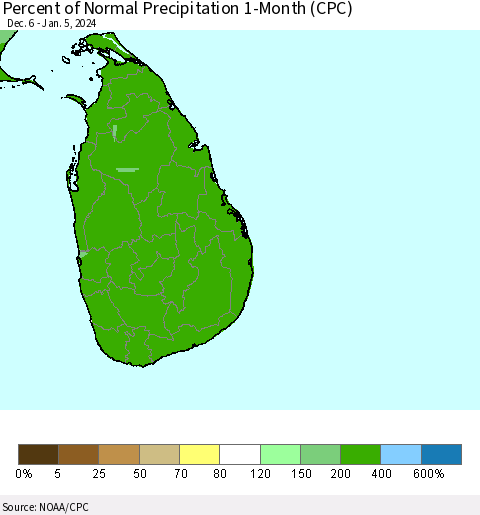 Sri Lanka Percent of Normal Precipitation 1-Month (CPC) Thematic Map For 12/6/2023 - 1/5/2024