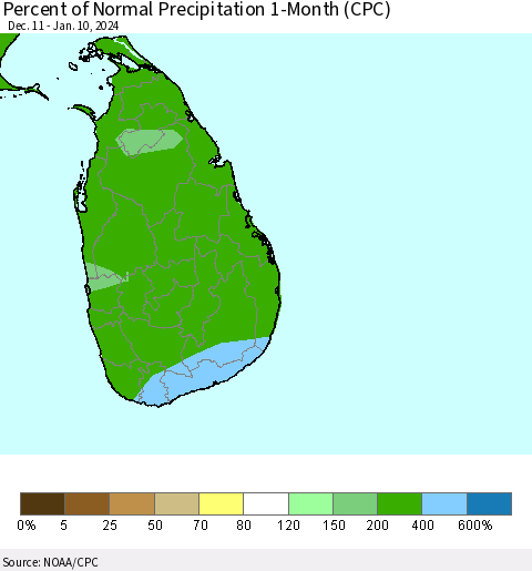 Sri Lanka Percent of Normal Precipitation 1-Month (CPC) Thematic Map For 12/11/2023 - 1/10/2024
