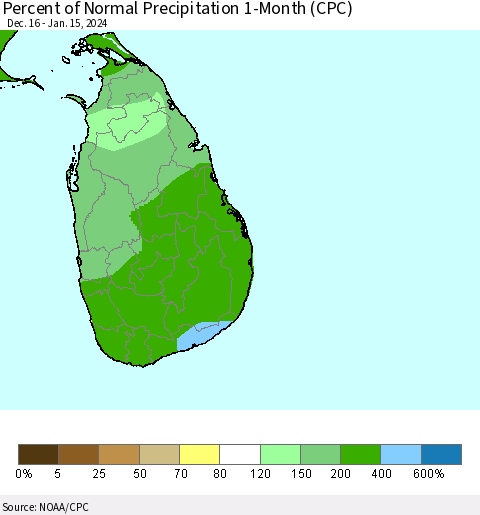 Sri Lanka Percent of Normal Precipitation 1-Month (CPC) Thematic Map For 12/16/2023 - 1/15/2024