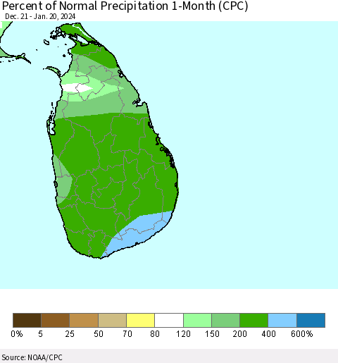 Sri Lanka Percent of Normal Precipitation 1-Month (CPC) Thematic Map For 12/21/2023 - 1/20/2024